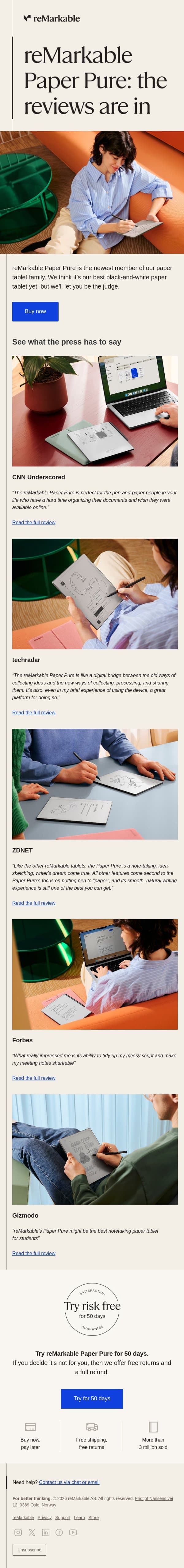 reMarkable Paper Pure: what the press is saying email from reMarkable screenshot