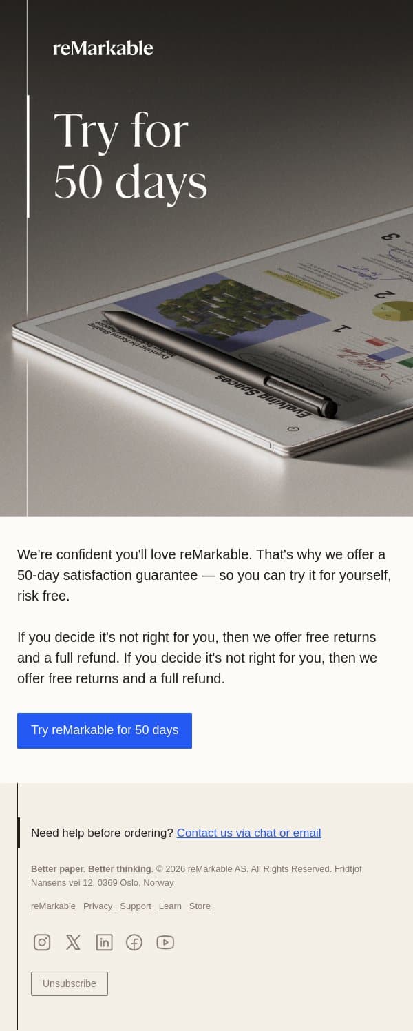 Try it out for 50 days email from reMarkable screenshot