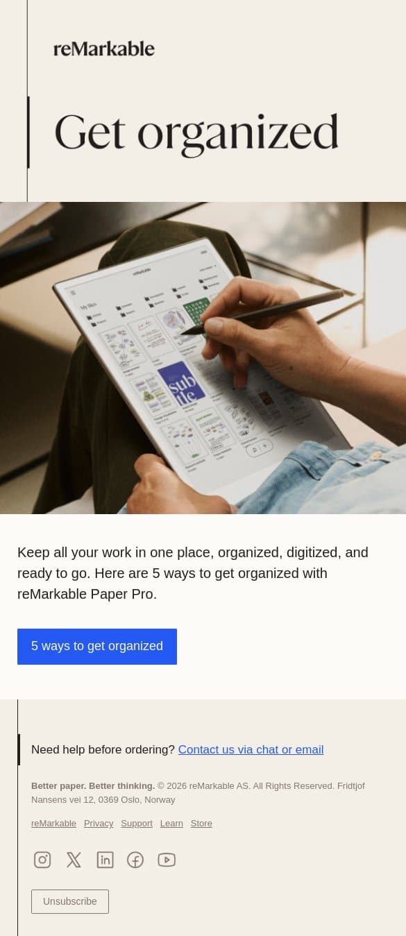 Start off organized email from reMarkable screenshot