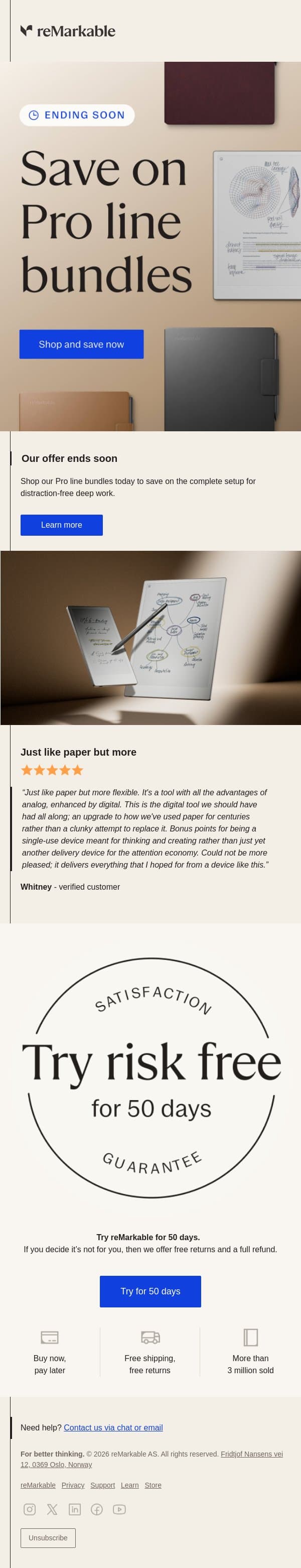 Offer ends soon email from reMarkable screenshot