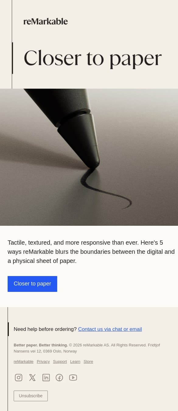 Closer to paper than ever email from reMarkable screenshot