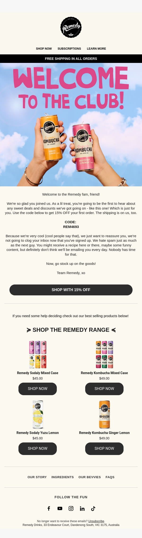 Welcome to Remedy 👋 Here’s 15% off your first sip email from Remedy screenshot