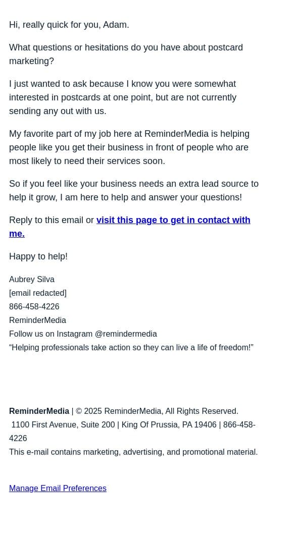 Can you answer this for me? email from ReminderMedia screenshot