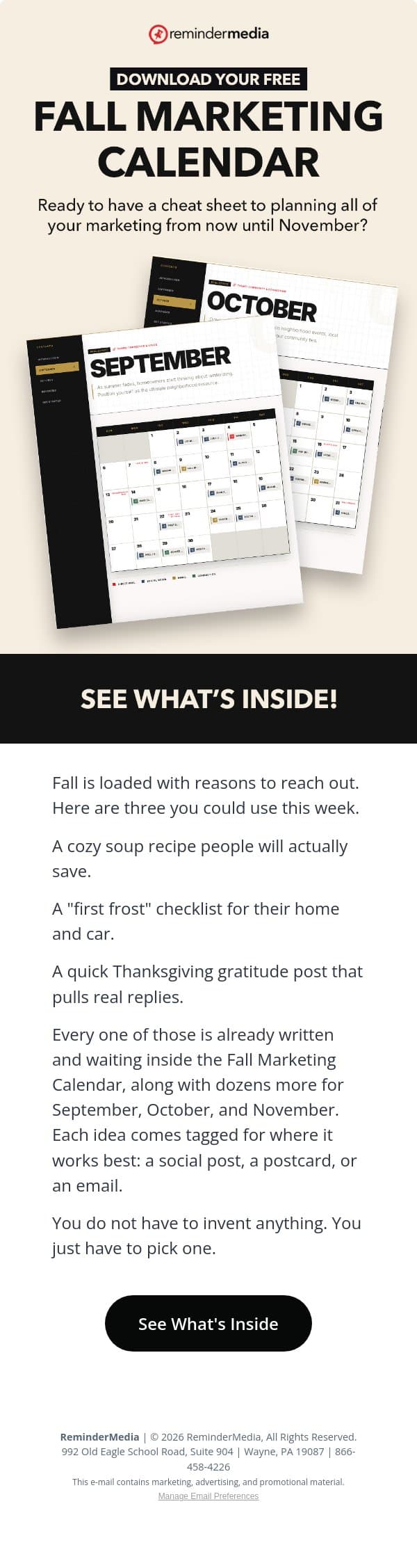 π Made this for you, free marketing calendar: email from ReminderMedia screenshot