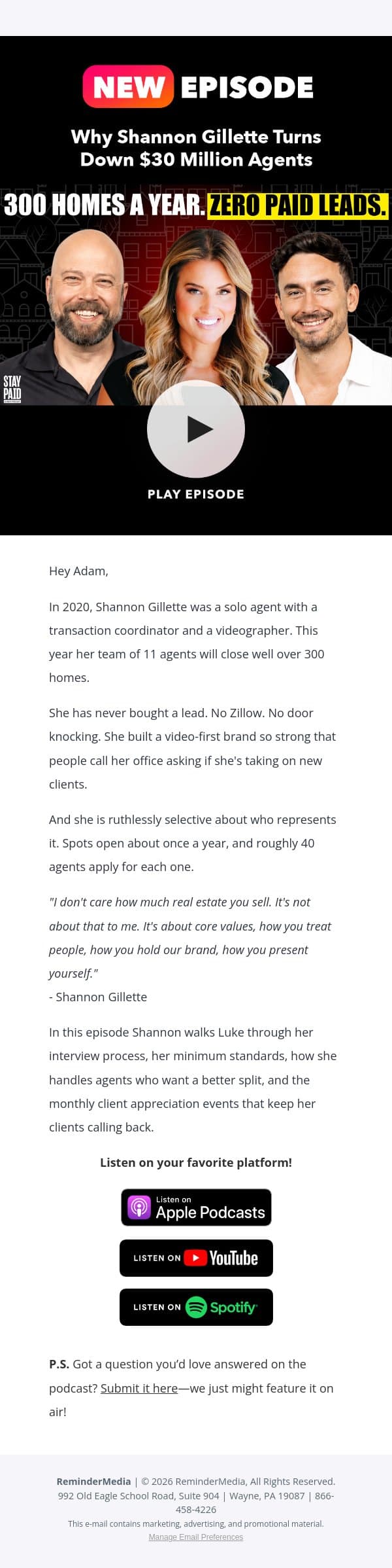 300 homes a year and she's never bought a lead email from ReminderMedia screenshot