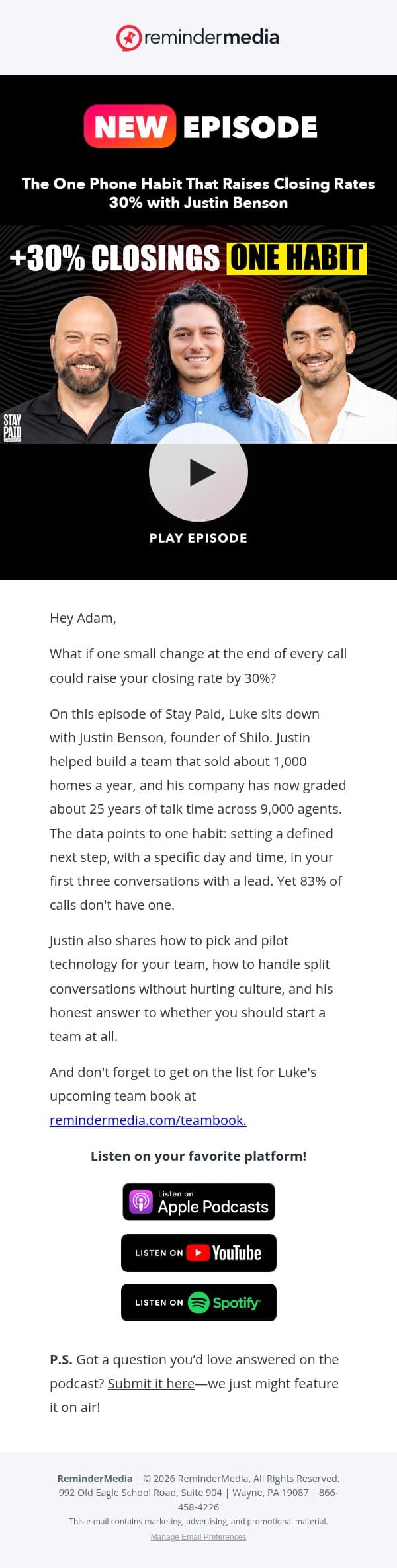 The one habit missing from 83% of agent calls email from ReminderMedia screenshot