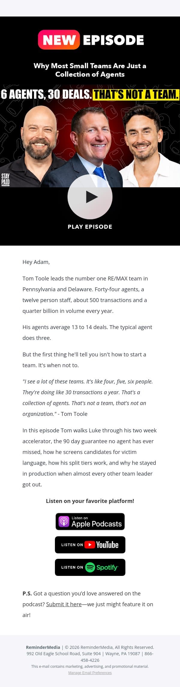 Your team might just be a collection of agents email from ReminderMedia screenshot