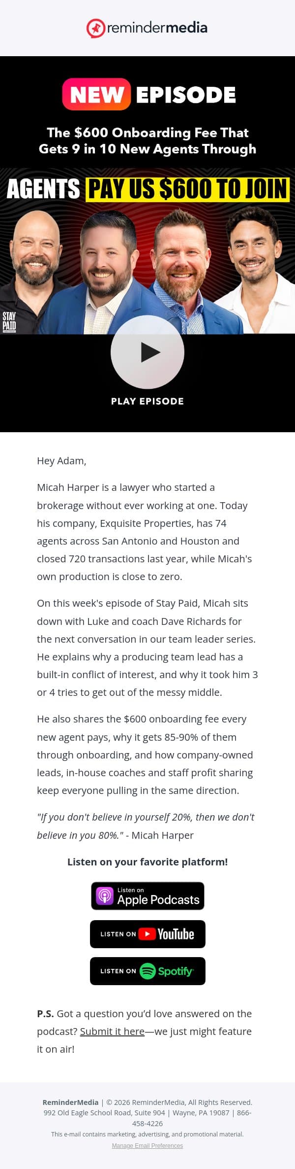 Why Every Agent Pays $600 to Join His Team email from ReminderMedia screenshot
