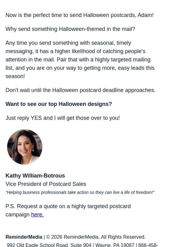 Are you doing THIS for Halloween...? email from ReminderMedia