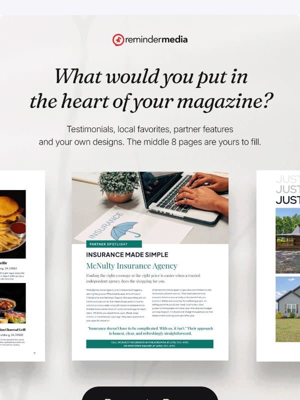 8 pages. Your content. Your clients' mailboxes. email from ReminderMedia