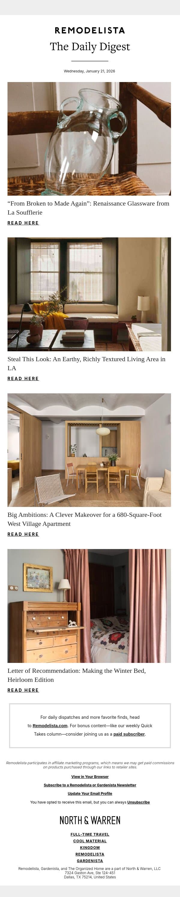 “From Broken to Made Again”: Renaissance Glassware from La Soufflerie email from Remodelista screenshot