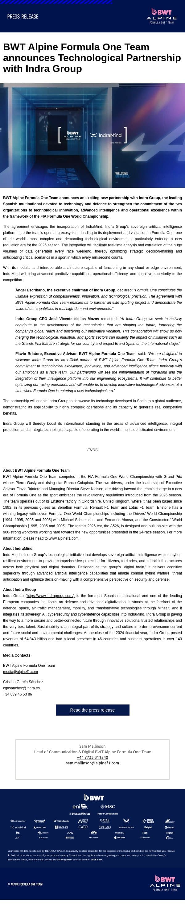 BWT Alpine Formula One Team announces Technological Partnership with Indra Group email from Renault Group screenshot