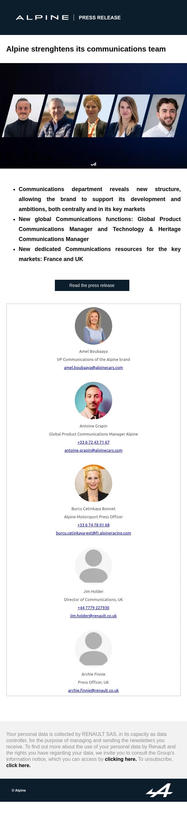 Alpine strenghtens its communications team email from Renault Group screenshot