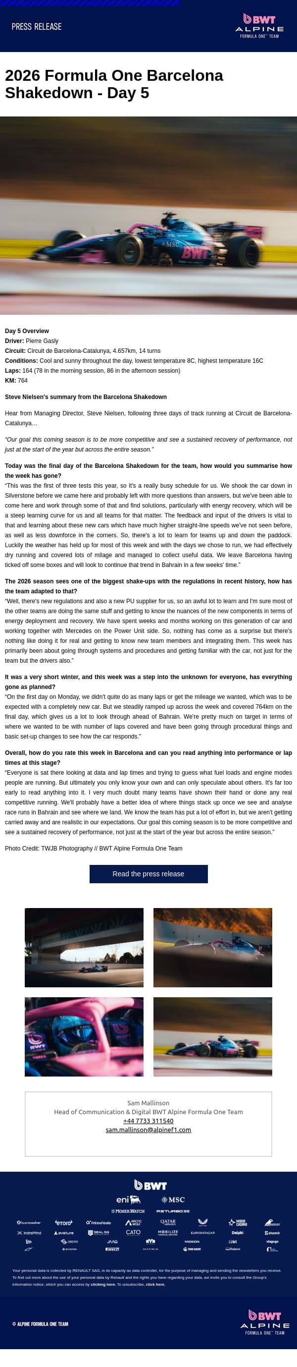 2026 Formula One Barcelona Shakedown - Day 5 email from Renault Group screenshot