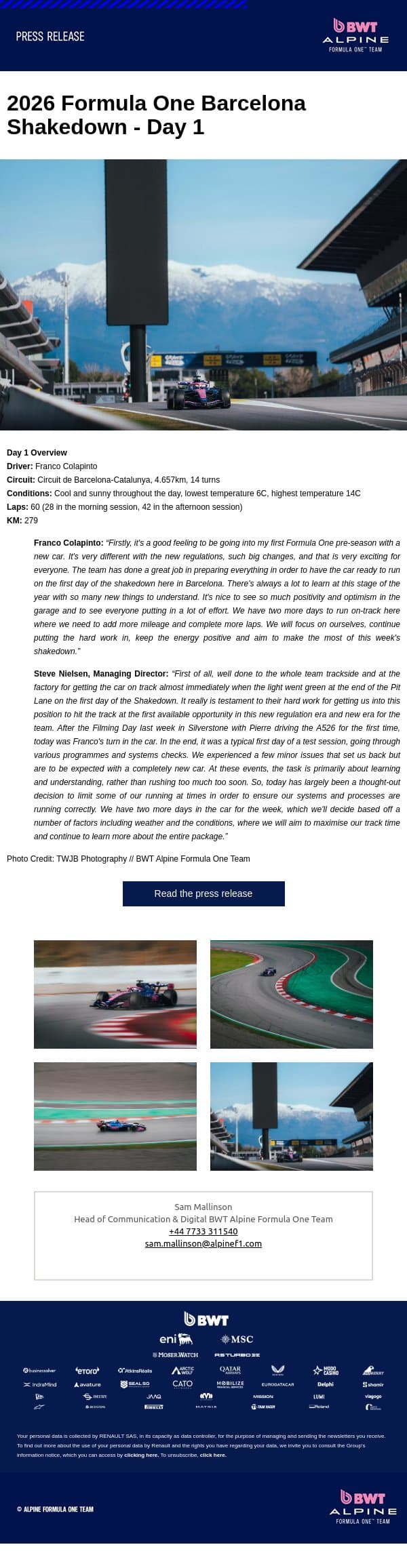 2026 Formula One Barcelona Shakedown - Day 1 email from Renault Group screenshot