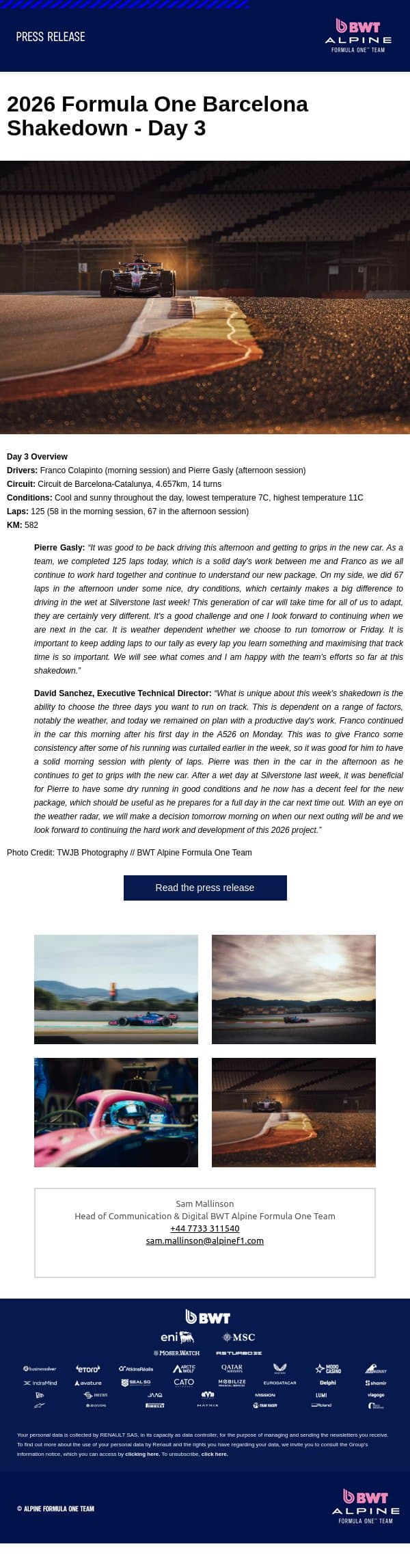 2026 Formula One Barcelona Shakedown - Day 3 email from Renault Group screenshot