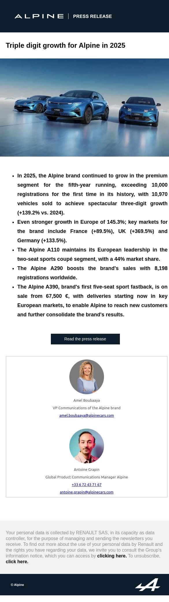 Triple digit growth for Alpine in 2025 email from Renault Group screenshot