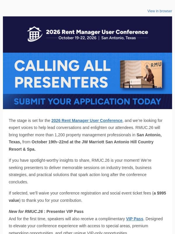 📣 Call for Presenters: RMUC.26 email from Rent Manager