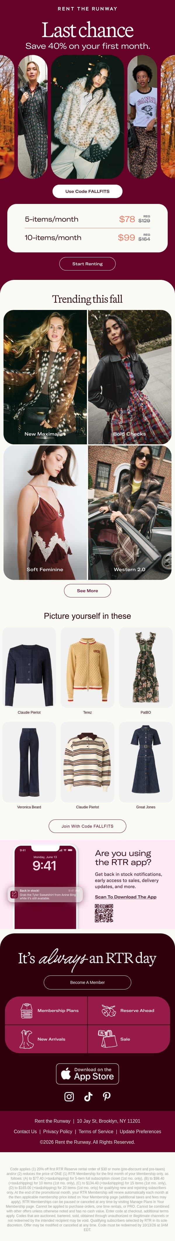 FINAL HOURS: 40% off email from Rent The Runway screenshot