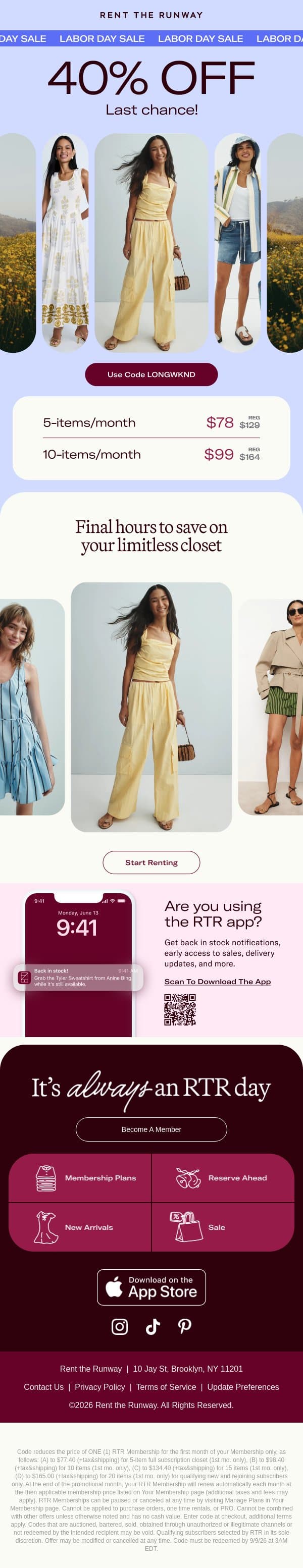 LAST CHANCE to save 40% email from Rent The Runway screenshot