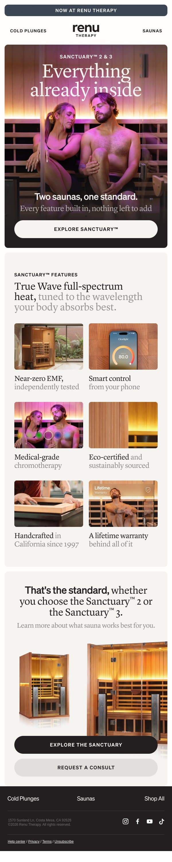 The standard, in every Sanctuary. email from Renu Therapy screenshot