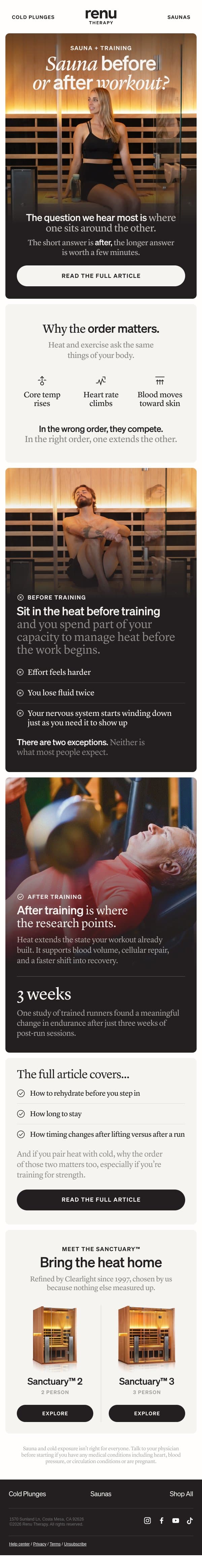Sauna before or after your workout? email from Renu Therapy screenshot