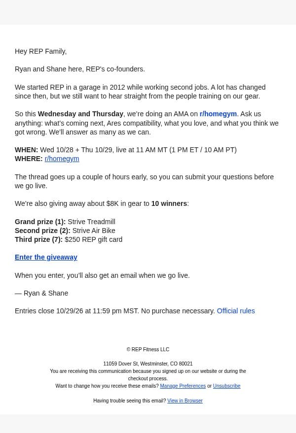 We’re answering your questions on Reddit this week email from Rep Fitness screenshot