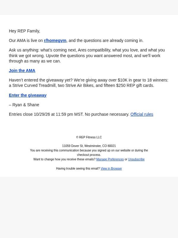 Our AMA is live on r/homegym email from Rep Fitness