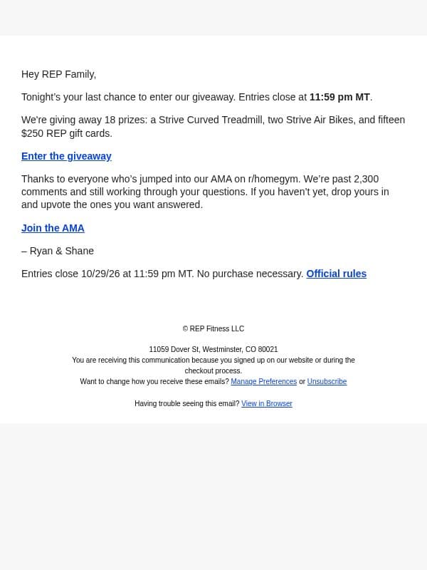 Our r/homegym AMA giveaway closes tonight email from Rep Fitness