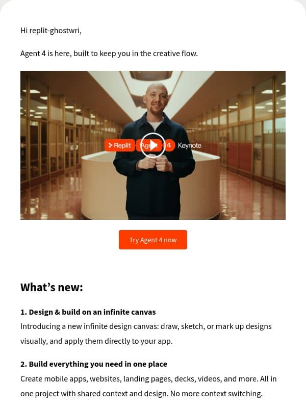 Meet Agent 4 email from Replit Ghostwriter