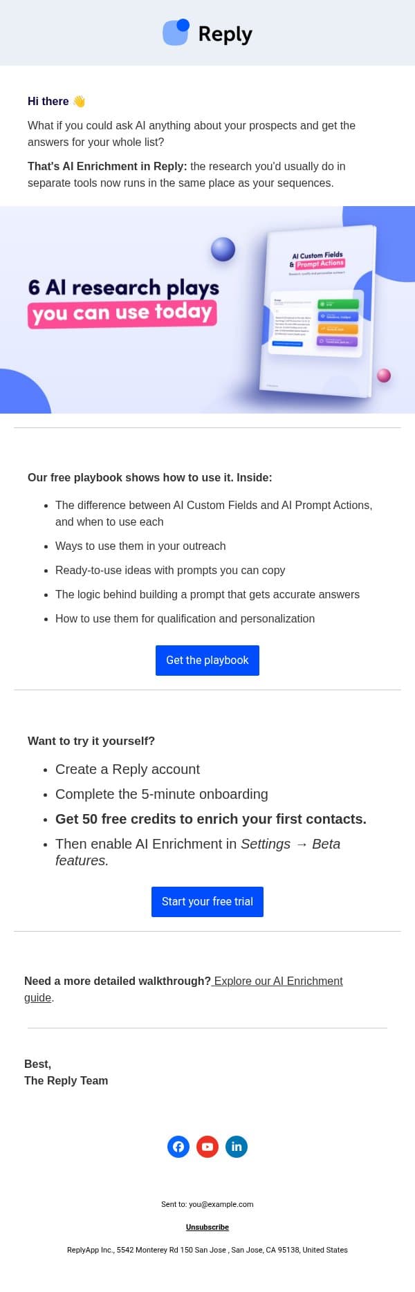 Free playbook: AI research for every prospect on your list email from Reply.io screenshot