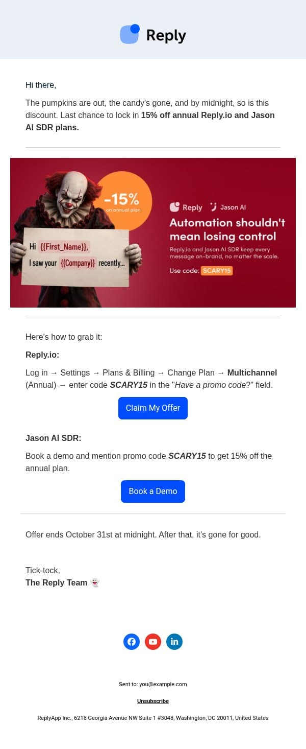 ⏰ 15% off ends tonight. Grab it before it's gone email from Reply.io screenshot