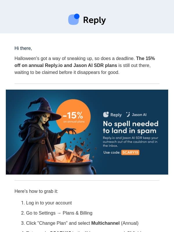 🎃 Your Halloween treat is still unclaimed email from Reply.io