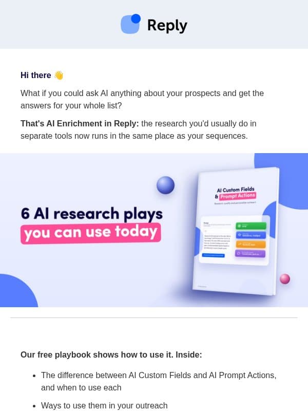 Free playbook: AI research for every prospect on your list email from Reply.io