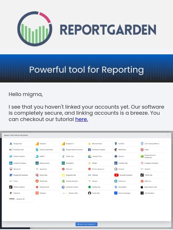 🎉Connect accounts to create beautiful reports🎉 email from ReportGarden