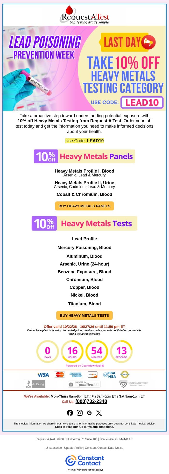 Act Now: 10% Off Heavy Metals Testing email from Request A Test screenshot