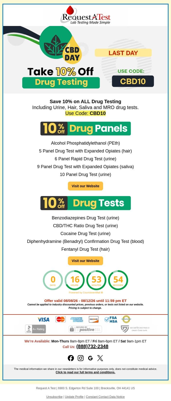 Your 10% Drug Testing Discount Ends Today email from Request A Test screenshot
