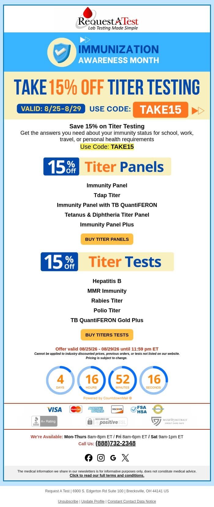 Get 15% Off Titers for School, Work or Travel. email from Request A Test screenshot