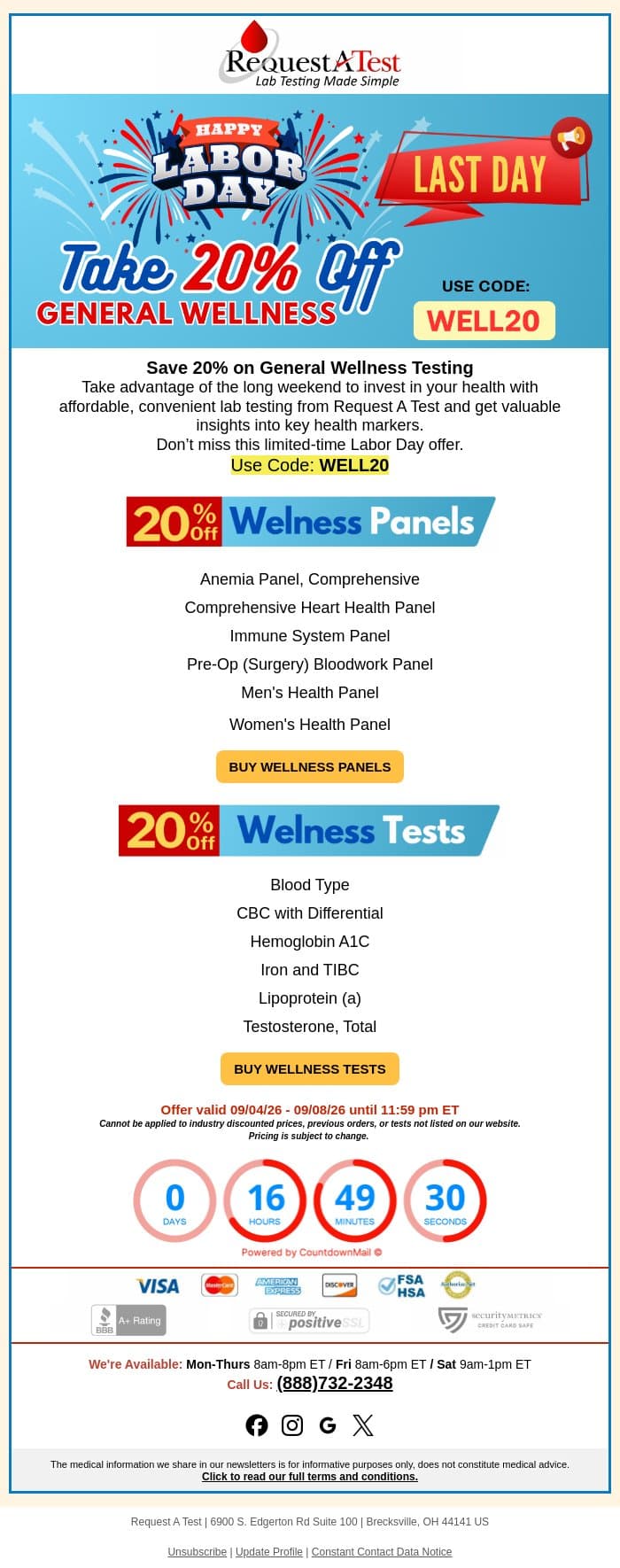 🚨 LAST DAY to Save 20% on General Wellness Lab Testing! email from Request A Test screenshot
