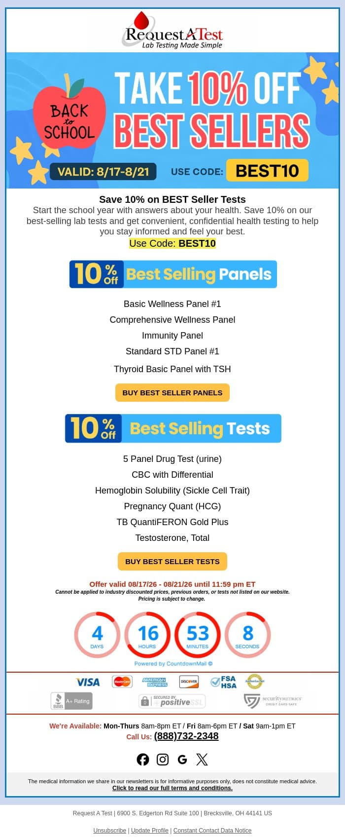 Get 10% Off Lab Tests for Back-to-School! email from Request A Test screenshot