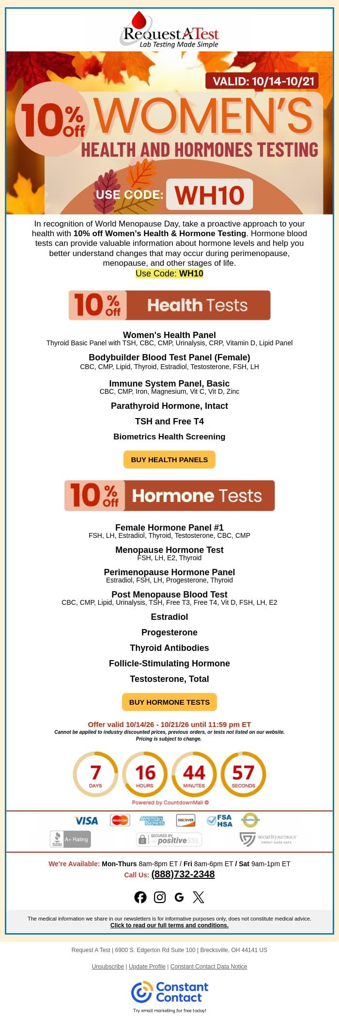 Save 10% Off - World Menopause Day email from Request A Test screenshot