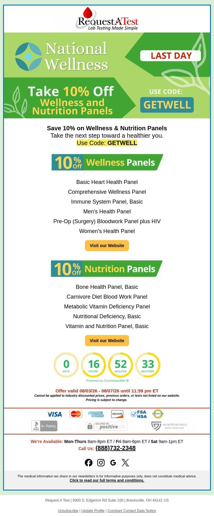 Your 10% Wellness Deal Ends Tonight email from Request A Test screenshot