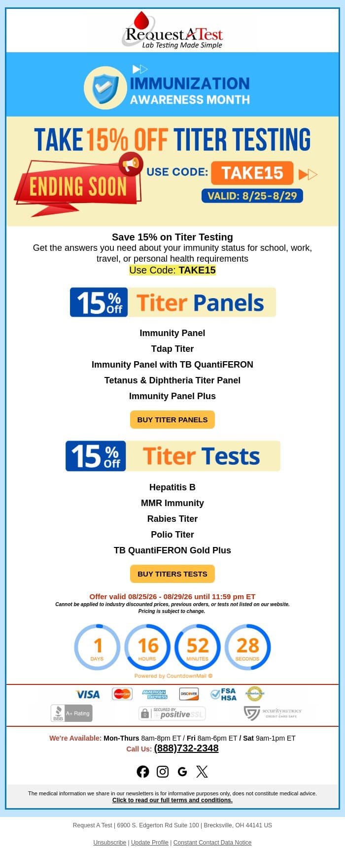 Final Chance: Get 15% Off Titer Testing Today! email from Request A Test screenshot