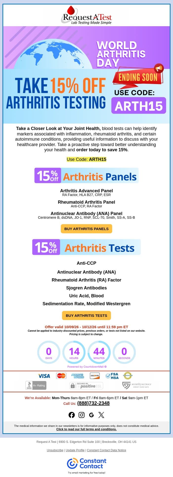 Last Day: 15% Off Arthritis Testing email from Request A Test screenshot
