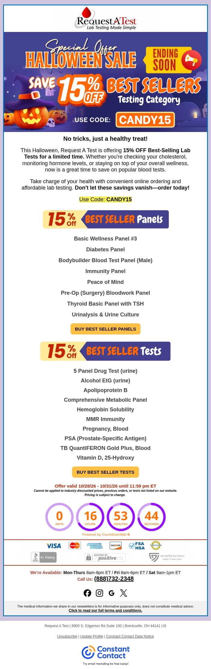 A Spooktacular 15% Off Best Sellers! -Don't Miss Out! email from Request A Test screenshot