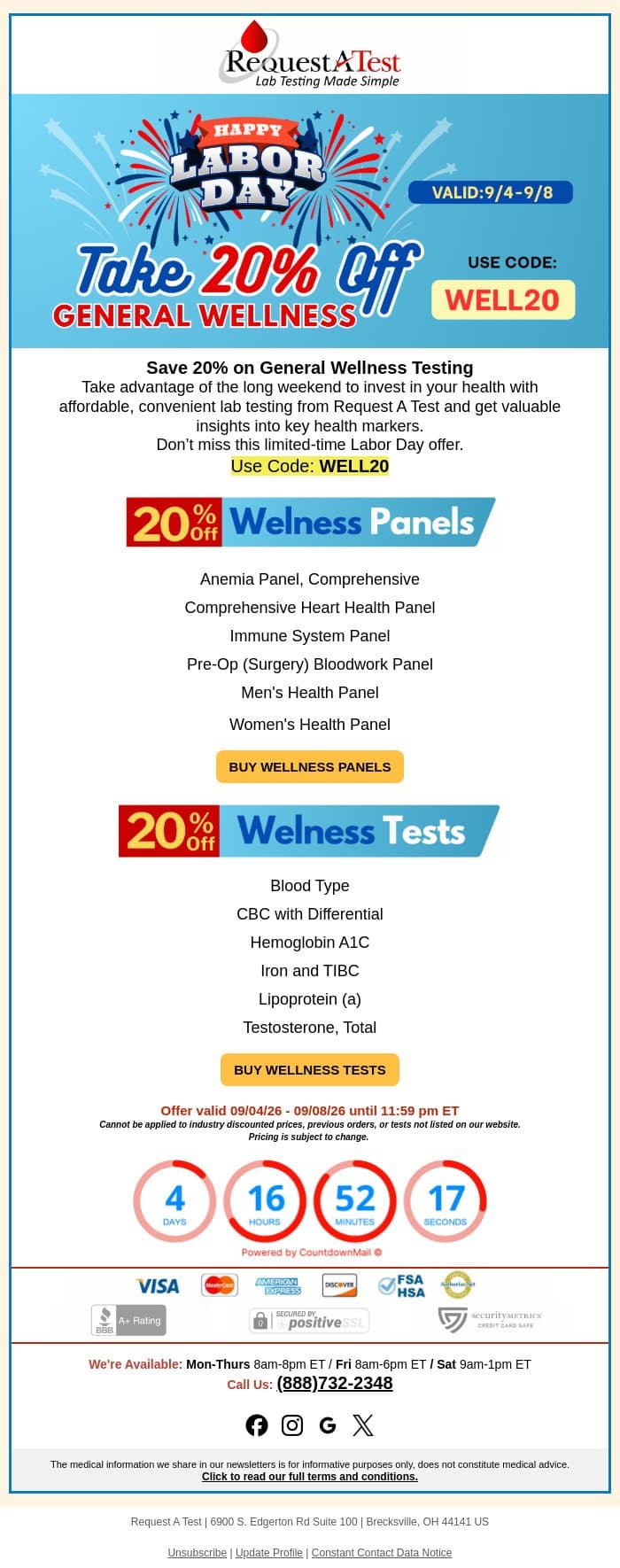 Your 20% Off General Wellness Testing is Here! email from Request A Test screenshot