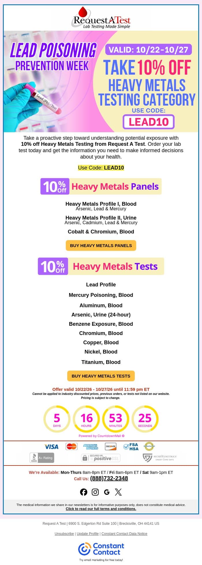 Save 10% Off Heavy Metals Testing—Order Today email from Request A Test screenshot