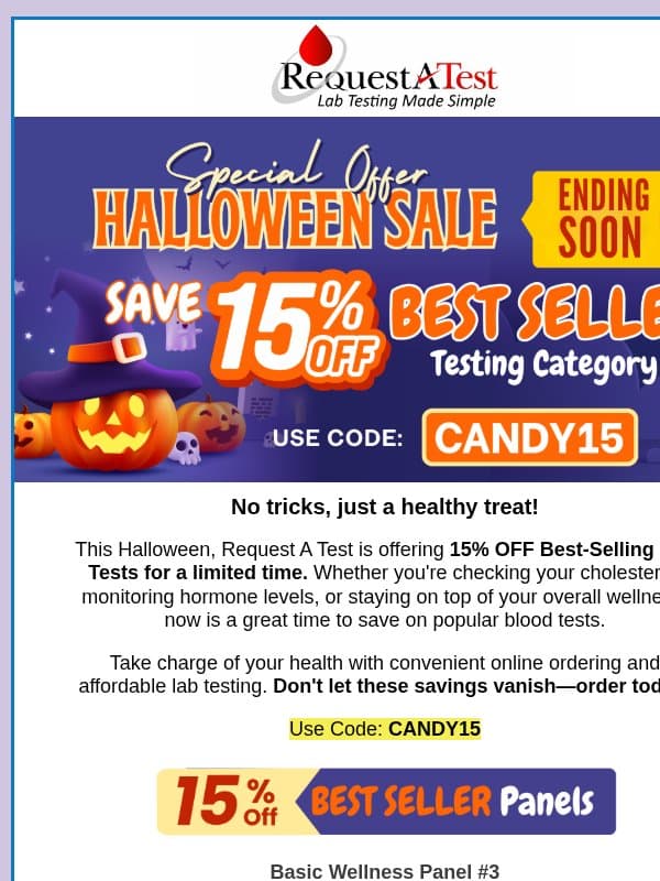 A Spooktacular 15% Off Best Sellers! -Don't Miss Out! email from Request A Test