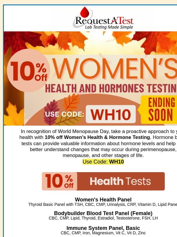 Ends Today - 10% Off on Women’s Health & Hormone Testing email from Request A Test