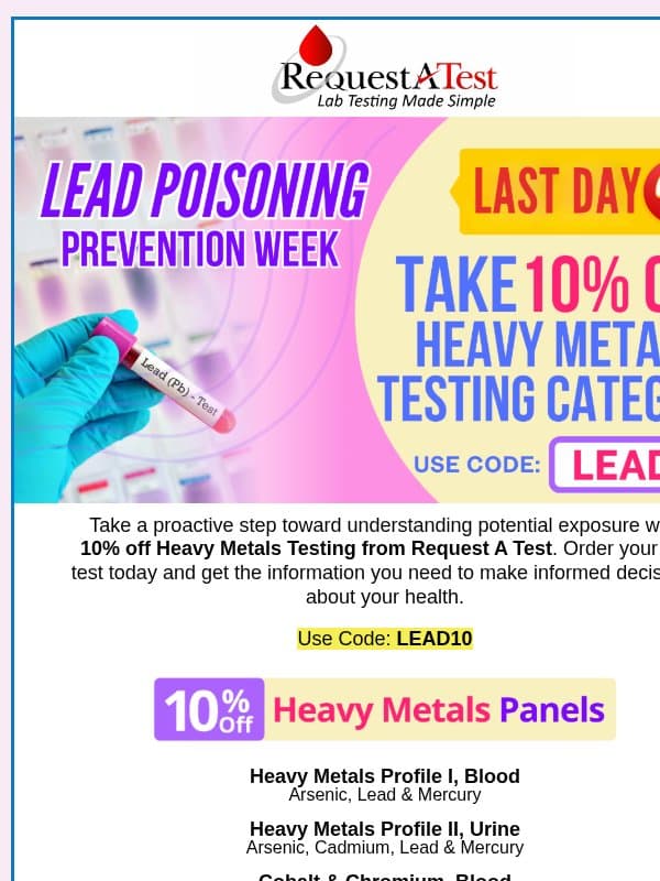 Act Now: 10% Off Heavy Metals Testing email from Request A Test